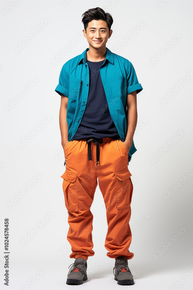Naklejka premium Smiling man in a blue color and complementary casual outfit standing in a studio