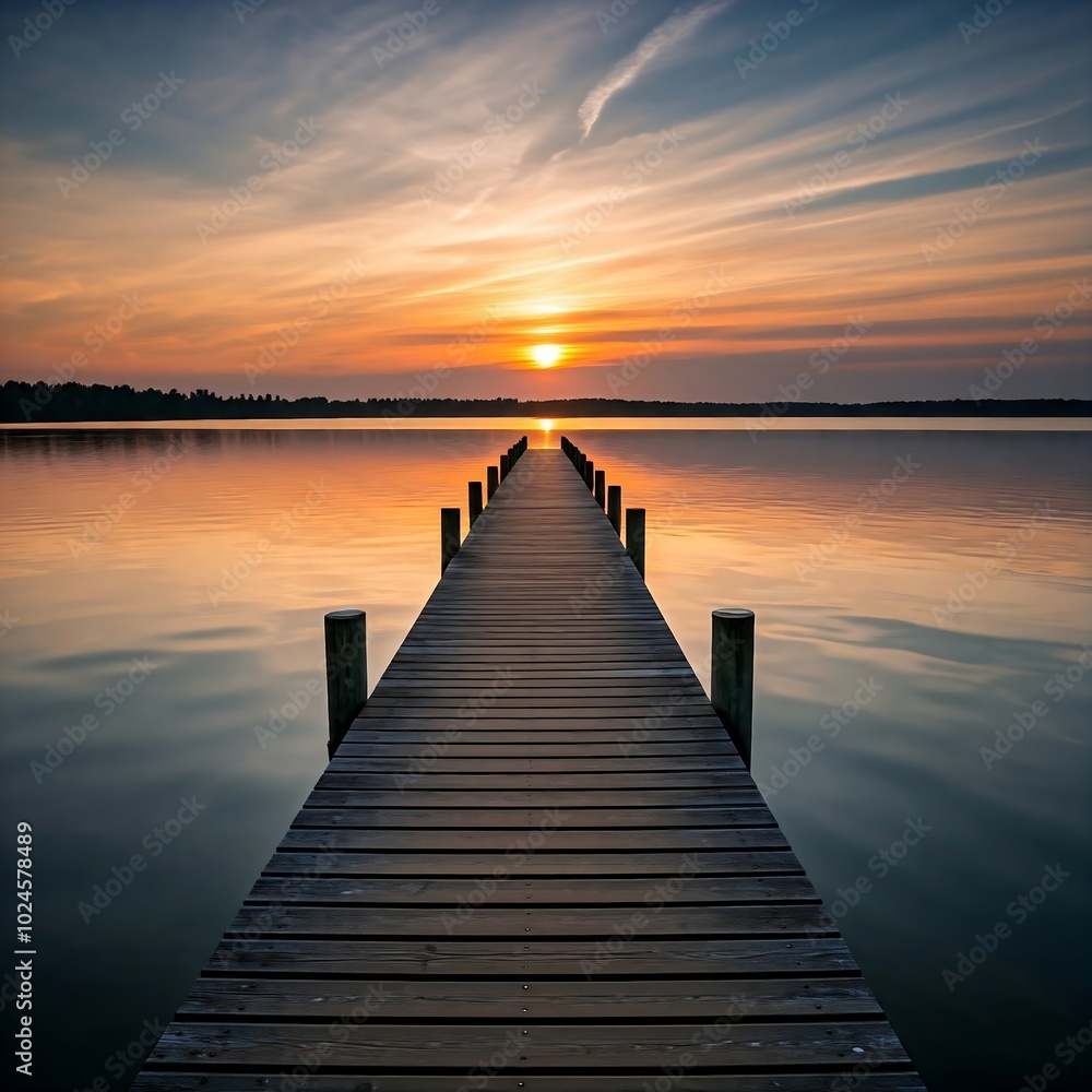 A wooden pier leading to lake landscape view on sunset sky A wooden pier leading to lake landscape view on sunset sky