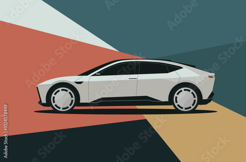 A gray car is shown in a colorful background. The car is a futuristic design with a sleek and modern look. The colors of the background create a sense of depth and dimension