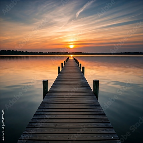 A wooden pier leading to lake landscape view on sunset sky