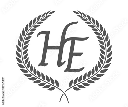 Initial letter H and E, HE monogram logo design with laurel wreath. Luxury calligraphy font.