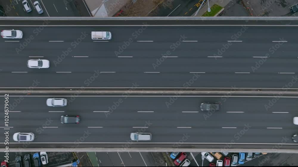 Aerial: Top down view of the Newmarket motorway overpass, Auckland, New Zealand Aerial: Top down view of the Newmarket motorway overpass, Auckland, New Zealand