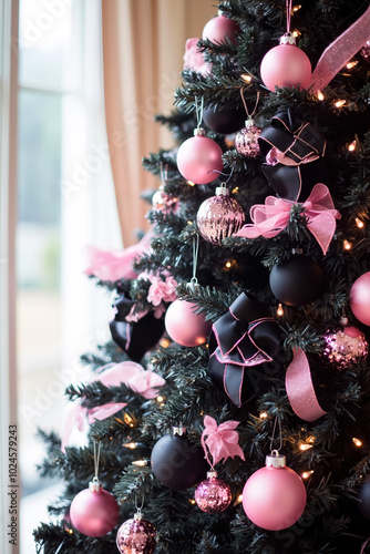 A black and pink christmas tree decorated with pink and black ornaments photo