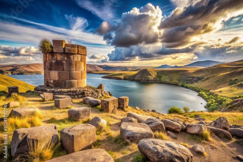 Sillustani Ancient Burial Ground near Lake Umayo, Peru, beautifully depicted in vintage photography, highlights pre-Incan heritage and exquisite historical architecture from a bygone era. photo