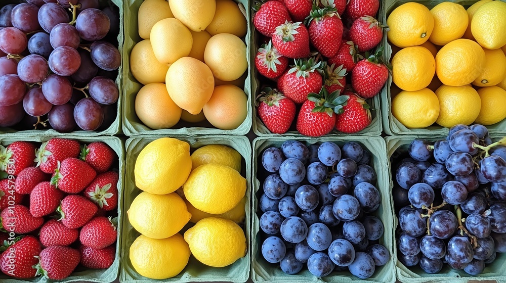 A vibrant display of various fresh fruits like strawberries, lemons, plums, grapes A vibrant display of various fresh fruits like strawberries, lemons, plums, grapes