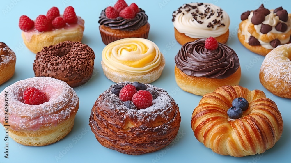 Group of assorted pastries isolated on blue background.
