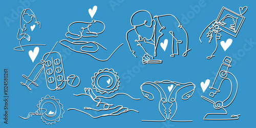 Vector set of stikers for Fertility clinic with embryologist doctor and female reproductive system on blue background