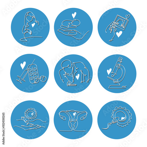 Vector set of icons for Fertility clinic with embryologist doctor on blue background. Female reproductive system. Health care and treatment, medicine.