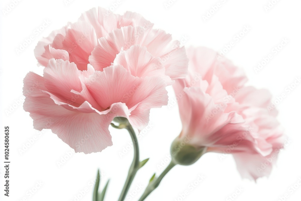 Two delicate pink carnations with frilly petals sit on long green stems Two delicate pink carnations with frilly petals sit on long green stems