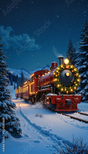 Santa Claus train, festive cheer, chugging through snowy landscape at night