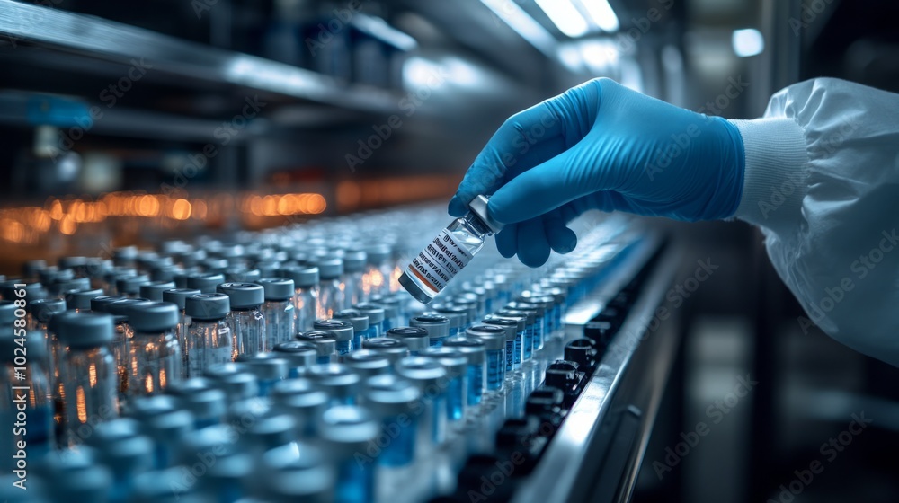 A person is holding a vial of vaccine in a factory A person is holding a vial of vaccine in a factory