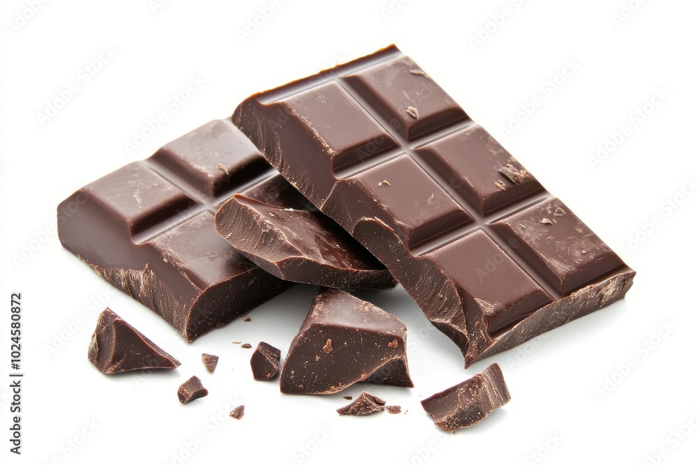 Two large, unwrapped bars of dark chocolate with a few triangular pieces broken off Two large, unwrapped bars of dark chocolate with a few triangular pieces broken off