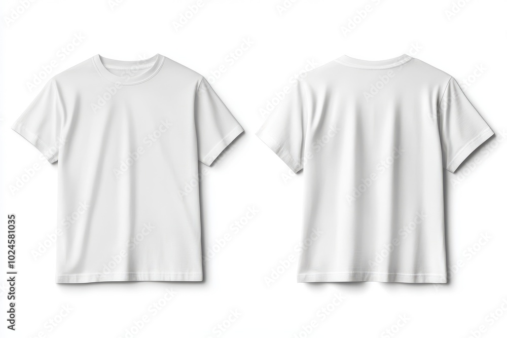 Two plain white t-shirts, one showing the front and the other displaying the back Two plain white t-shirts, one showing the front and the other displaying the back