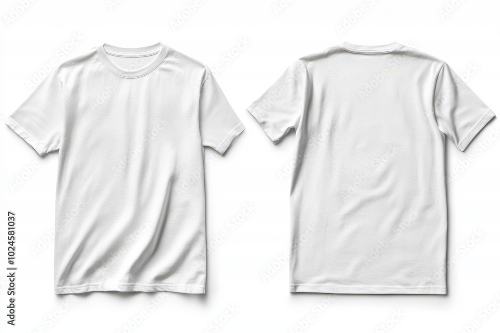 Two plain white t-shirts, one showing the front and the other displaying the back Two plain white t-shirts, one showing the front and the other displaying the back