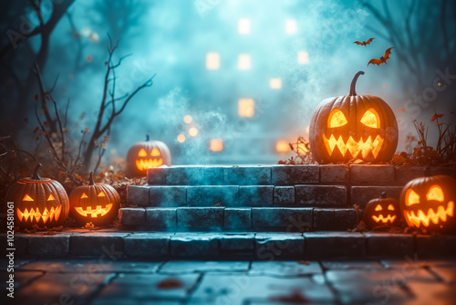 A group of carved pumpkins sitting on the steps of a house photo