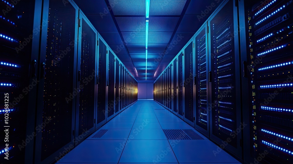 A server room with blue lights. It is a depiction of a large data center with rows of servers, often used to represent themes of technology, internet, and digital infrastructure. A server room with blue lights. It is a depiction of a large data center with rows of servers, often used to represent themes of technology, internet, and digital infrastructure.