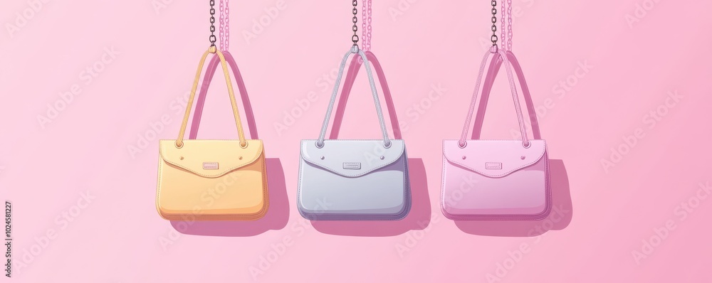 Pastel-colored handbags with shadow effect on pink background in flat illustration style Pastel-colored handbags with shadow effect on pink background in flat illustration style
