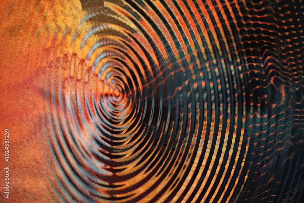 mindful pattern of sound waves with circular ripples forming in their wake, rhythm in motion, orange tones, interference, photorealistic mindful pattern of sound waves with circular ripples forming in their wake, rhythm in motion, orange tones, interference, photorealistic