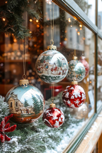 Christmas ornaments hanging from a window in a store window photo