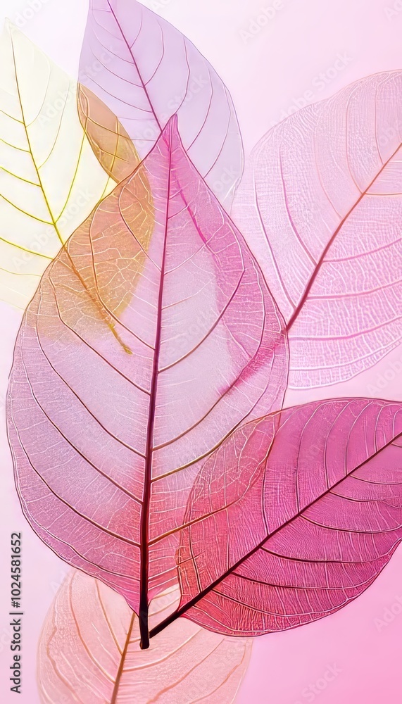 Obraz premium Translucent Floral Pattern Delicate Veined Leaves in Pastel Pink Hues on a Soft Background