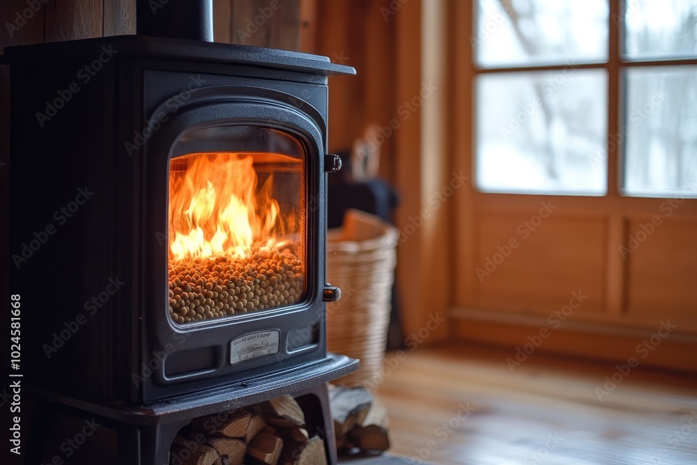 A close-up of a wood-burning stove with flames. Perfect for showcasing cozy interiors and winter themes. A close-up of a wood-burning stove with flames. Perfect for showcasing cozy interiors and winter themes.