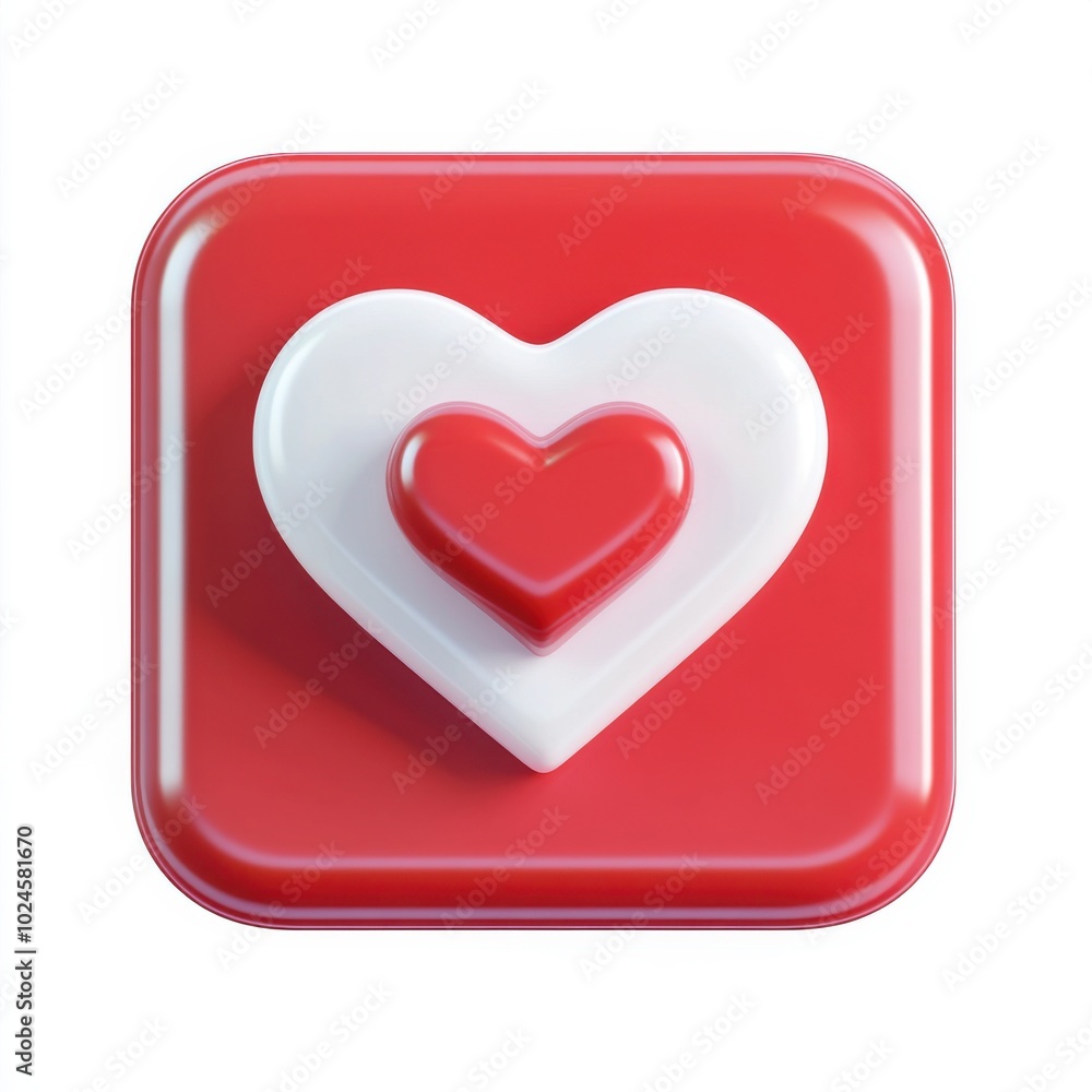 White heart in red square message bubble box 3d icon cartoon style floating on white background White heart in red square message bubble box 3d icon cartoon style floating on white background