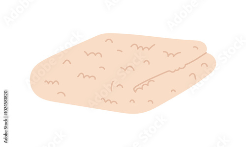 A small fluffy towel is folded neatly. A flat illustration of a soft towel for individual areas of the body folded. Bath towel for hygiene, bathroom textiles, spa, baths on a white background