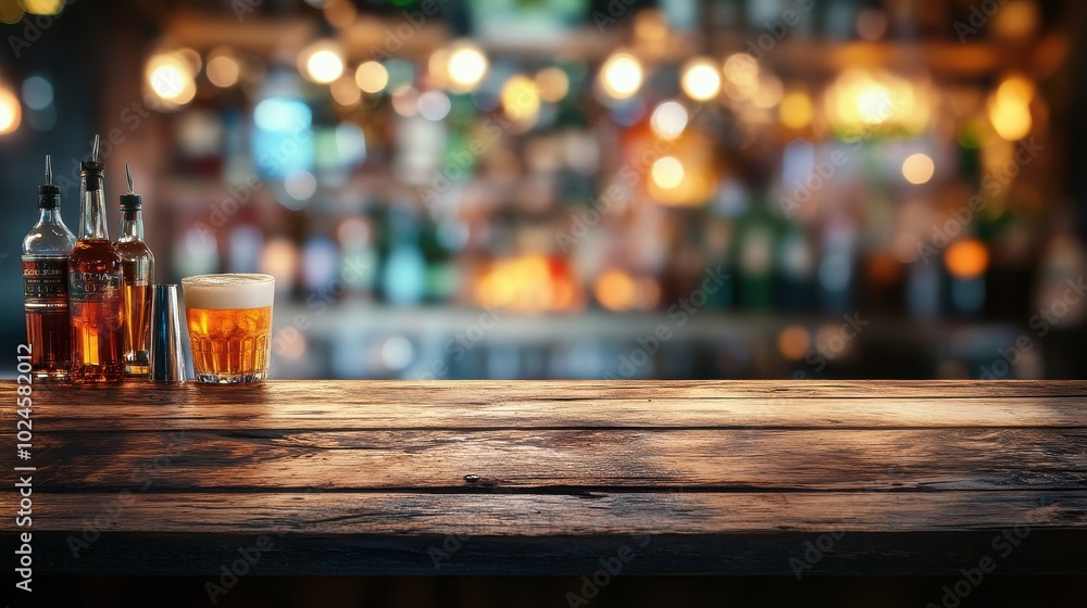 Wooden desk of bar and free space for your decoration, blurred and bokeh background Wooden desk of bar and free space for your decoration, blurred and bokeh background