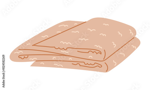 A large bath towel is folded carelessly. A flat illustration of a soft towel for the whole body folded with an accordion. Bath towel for hygiene, bathroom textiles, spa, baths on a white background