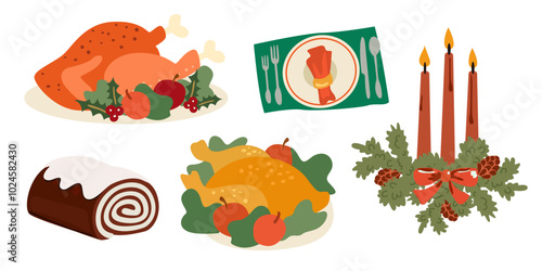 Thanksgiving day dishes stickers. Festive turkey dinner. Dinner Together. Autumn harvest and fall leaves illustration. Festive table with turkey, candles, Christmas cupcake and cutlery