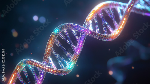 A close-up view of a beautifully illuminated DNA double helix, showcasing vibrant colors and intricate details against a dark, abstract background.