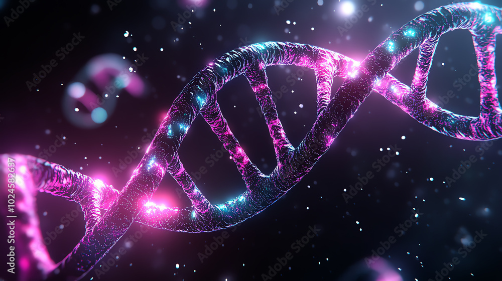 A vibrant representation of DNA strands in a dark cosmic background, showcasing the beauty of genetic structures intertwined with colorful elements. A vibrant representation of DNA strands in a dark cosmic background, showcasing the beauty of genetic structures intertwined with colorful elements.