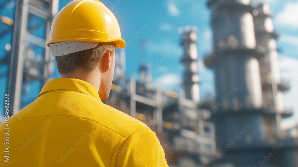 A photograph of a factory worker looking towards the horizon, prominently positioned. He is wearing a helmet. A photograph of a factory worker looking towards the horizon, prominently positioned. He is wearing a helmet.