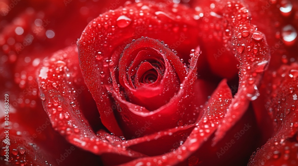 A close-up view of a vibrant red rose with glistening water droplets, showcasing its delicate petals and intricate details. A close-up view of a vibrant red rose with glistening water droplets, showcasing its delicate petals and intricate details.