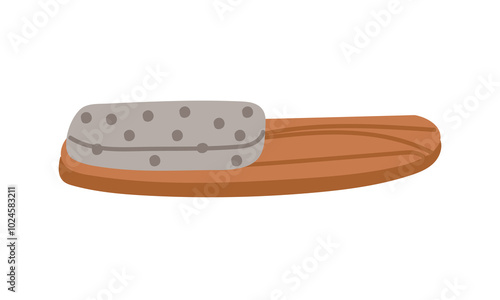 Pumice stone for heels with a wooden handle. Cosmetic device after steaming in the bathroom, steam room, sauna, spa. tool for pedicure and removal of rough skin the feet. Isolated vector illustration