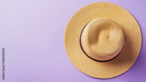 A neatly arranged straw hat resting on a pastel lavender background, minimalistic touch.