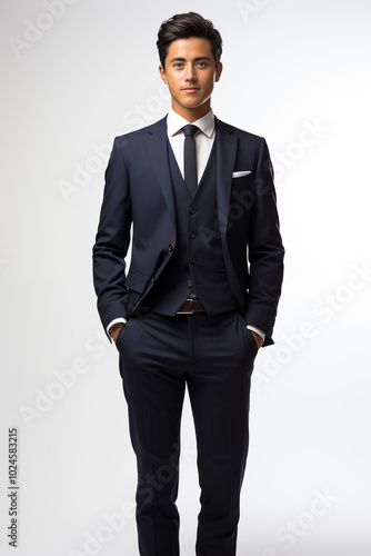 Smiling man in a blue color formal outfit standing in a studio