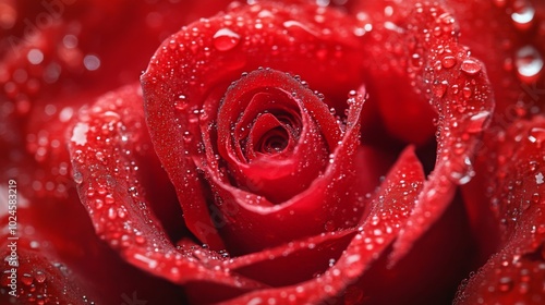 A close-up view of a vibrant red rose with glistening water droplets, showcasing its delicate petals and intricate details.