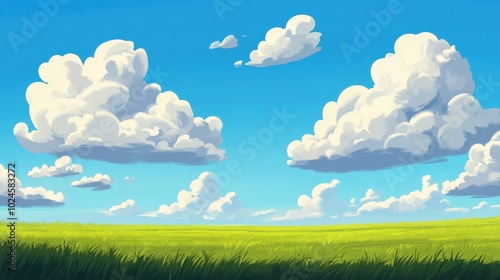 A beautifully simplistic landscape with a wide, open green field stretching out under a vibrant