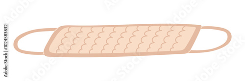 Beige double-sided washcloth with long handles for the body. A personal hygiene product. Vector flat illustration, highlighted on a white background, for advertising, store catalog, decoration loofah