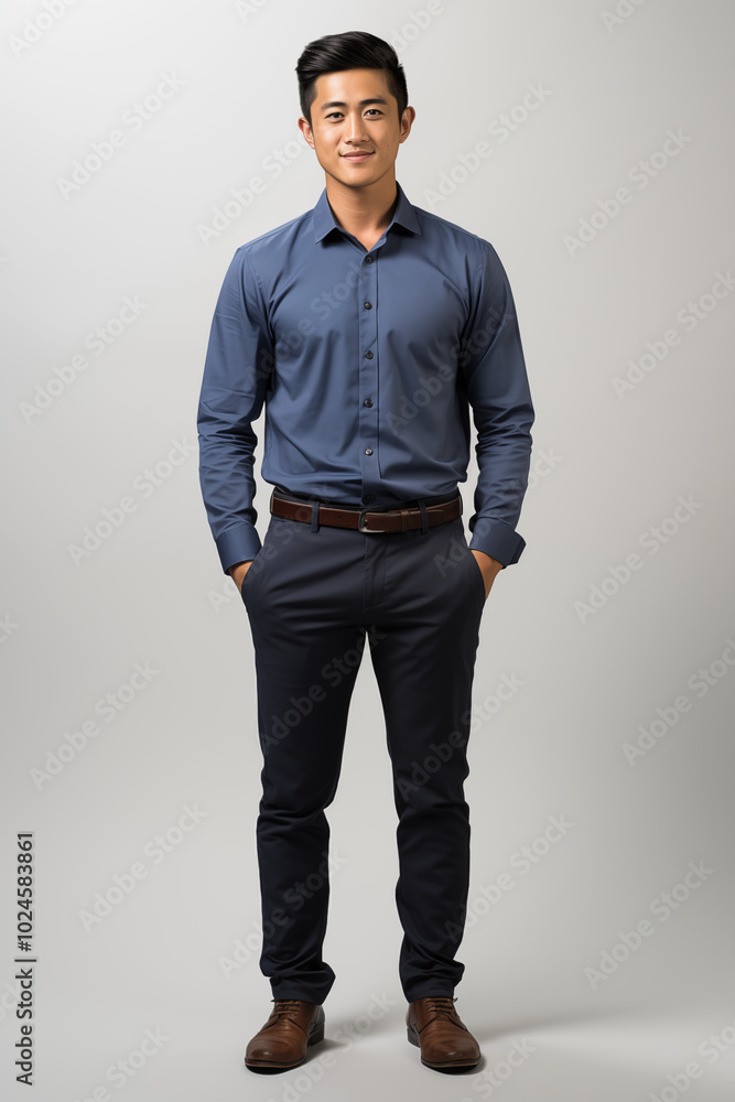 Fototapeta premium Smiling man in a blue color formal outfit standing in a studio