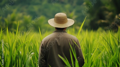 A farmer stands in a lush green rice field, wearing a straw hat, surrounded by vibrant plants, enjoying the tranquility of nature.