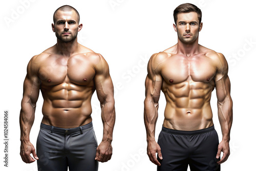 Two muscular male models showcasing physique with serious expressions on a white background