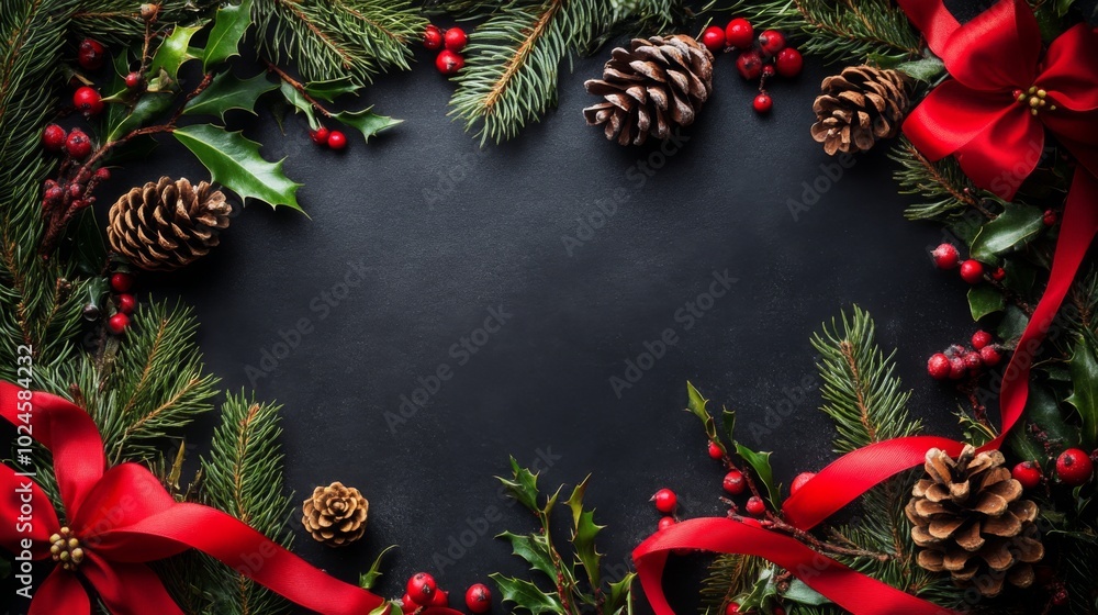 A festive holiday wreath featuring pinecones, red ribbons, and evergreen foliage on a dark background. A festive holiday wreath featuring pinecones, red ribbons, and evergreen foliage on a dark background.