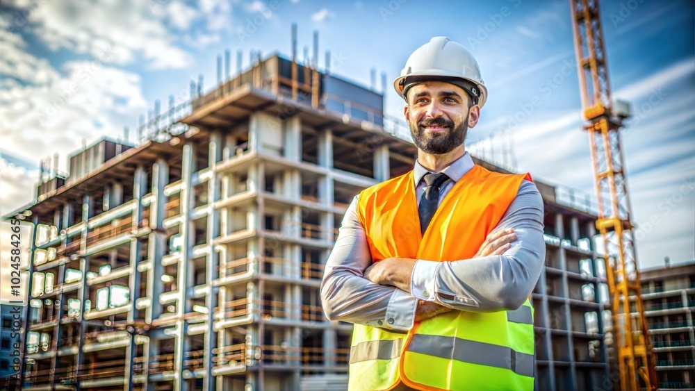 Man in a Construction Vest Standing at a Building Site Man in a Construction Vest Standing at a Building Site