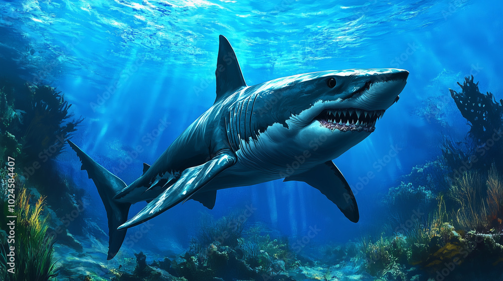 A great white shark swims through blue water, its sharp teeth visible. A great white shark swims through blue water, its sharp teeth visible.