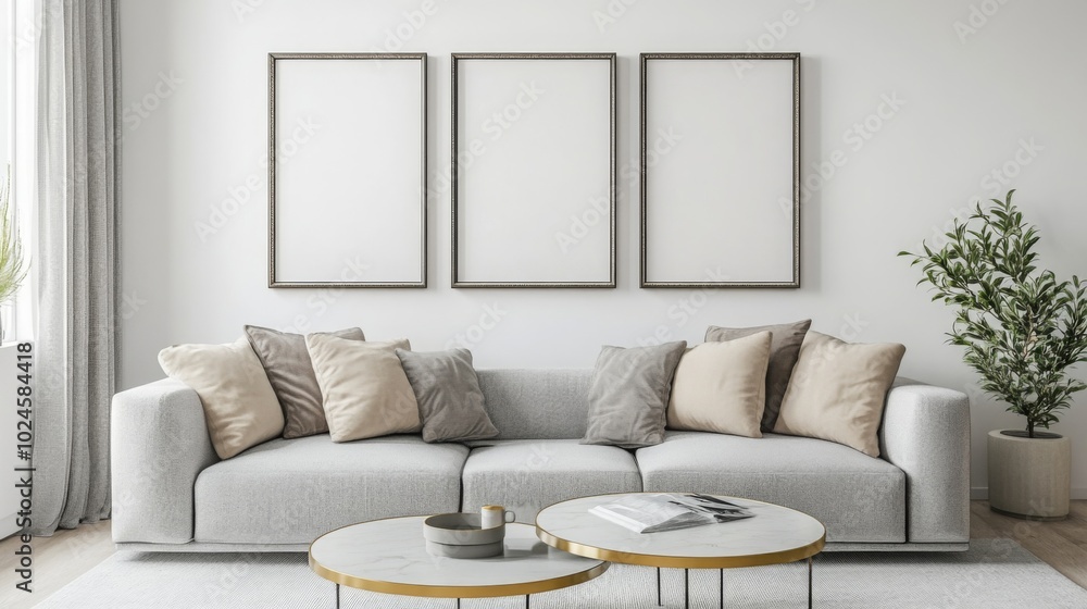 A modern living room featuring a plush, light gray sofa with decorative pillows, a stylish coffee table, and empty frames against a minimalistic wall. A modern living room featuring a plush, light gray sofa with decorative pillows, a stylish coffee table, and empty frames against a minimalistic wall.