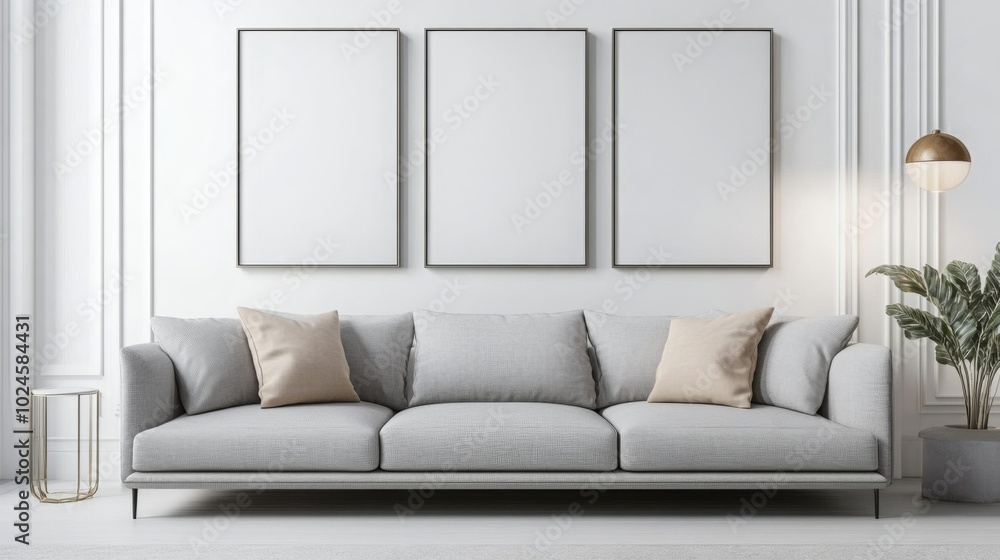 Fototapeta premium A cozy, modern living space featuring a light grey sofa, empty frames for artwork, and minimalist decor, exuding tranquility and style.