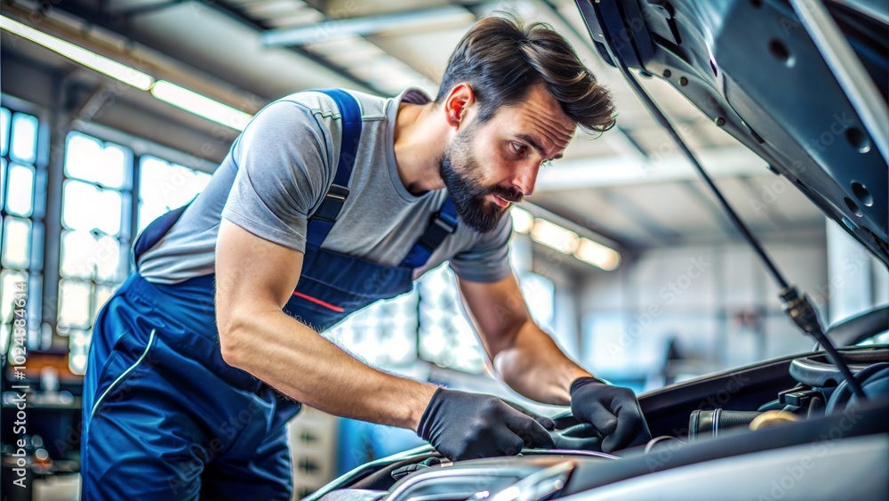 Man in Mechanic Overalls Working on a Car Engine Man in Mechanic Overalls Working on a Car Engine