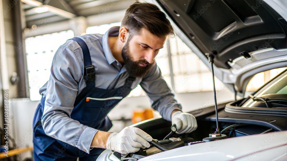 Man in Mechanic Overalls Working on a Car Engine Man in Mechanic Overalls Working on a Car Engine